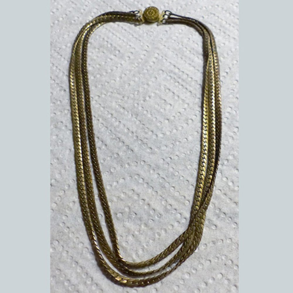 Rare Hard to Find Fischer's Snap Triple Strand Brass Necklace